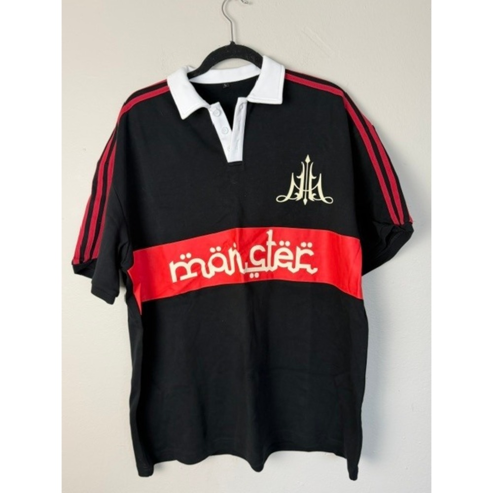 Mens Monster 300 Rugby Polo Shirt Black Red White Graphic Streetwear Large